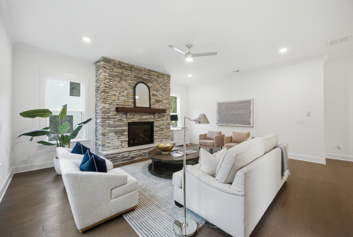 205 Parkdale Dr living room with stone fireplace