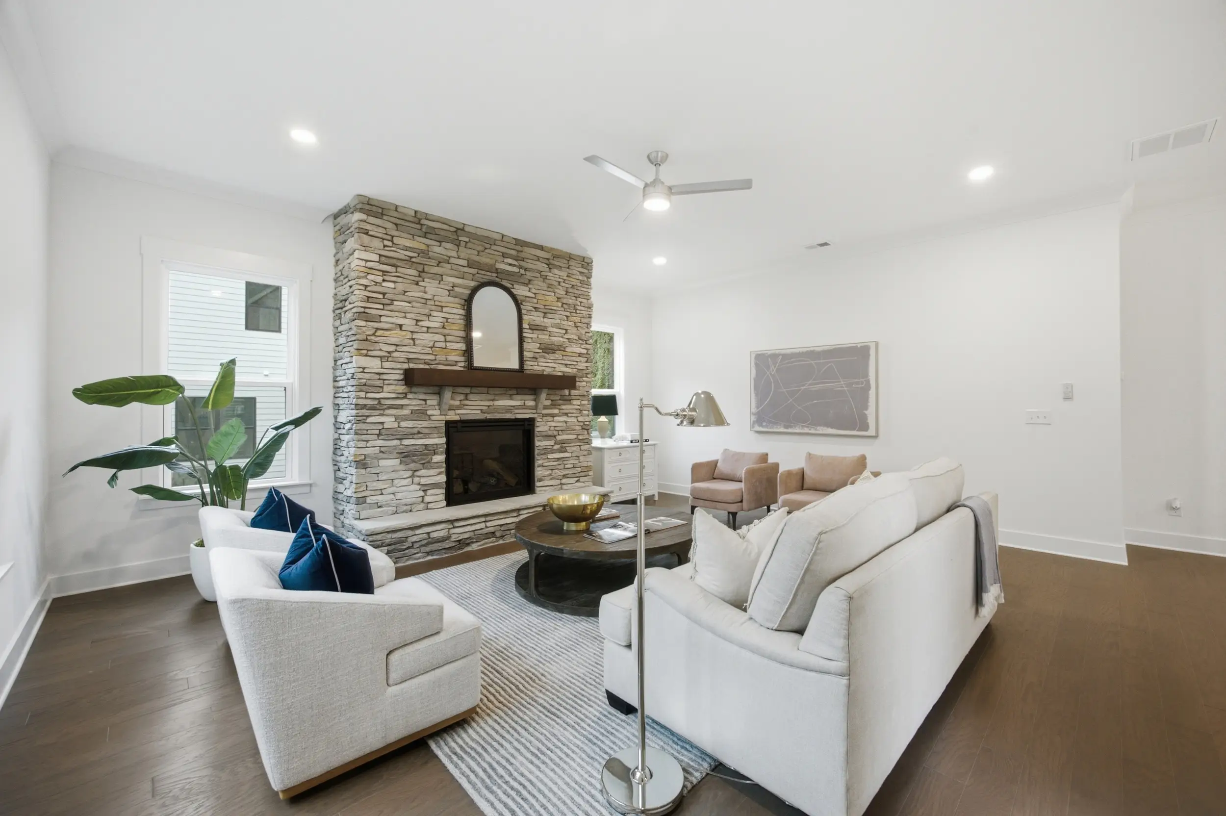 205 Parkdale Dr living room with stone fireplace